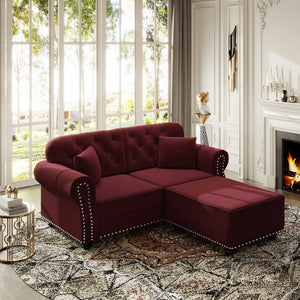 English Elm 63"upholstered Velvet Loveseat with Button Tufting Brass Nailhead Trim Mid-century Chesterfield Burgundy W1885S00378