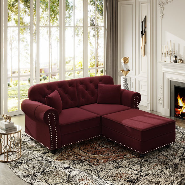 English Elm 63"upholstered Velvet Loveseat with Button Tufting Brass Nailhead Trim Mid-century Chesterfield Burgundy W1885S00378