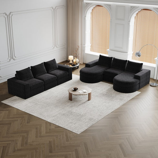 English Elm Chenille Curved Sectional Sofa with Chaise and Neck Pillows, Slow-Rebound Comfort, Sturdy Iron Support Black W834S00483