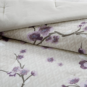 English Elm 8 Piece Cotton Comforter Set - Elegant Purple & Taupe King Bedding With Floral Design & Shams B03596978