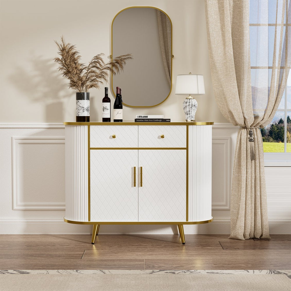 English Elm Luxury Fluted Curved Sideboard with Golden Legs Sculptural White Storage for Entryway T3773P417294