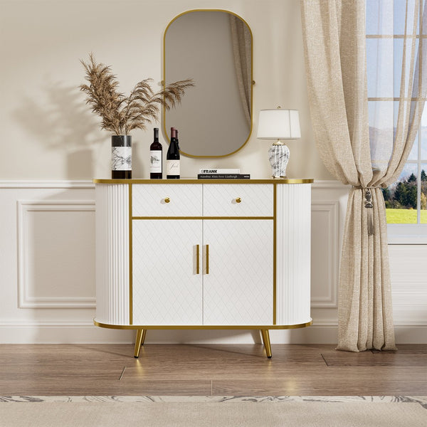 English Elm Luxury Fluted Curved Sideboard with Golden Legs Sculptural White Storage for Entryway T3773P417294