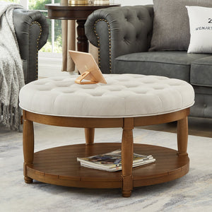 English Elm Large Round Tufted Ottoman Coffee Table with Wood Shelf for Living Room Lounge Ivory W2186P212193