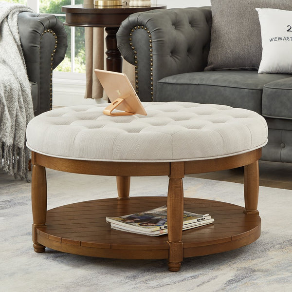 English Elm Large Round Tufted Ottoman Coffee Table with Wood Shelf for Living Room Lounge Ivory W2186P212193