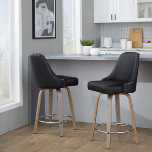 English Elm Fixed-height Swivel Counter Stools with Faux Leather Seats and Chrome Footrest Set of 2 B202S01849
