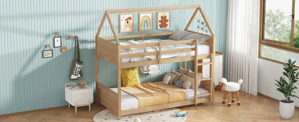 English Elm Twin House Floor Bunk Bed – Charming Rubberwood Design With Safety Guardrails, Ladder & White Oak Finish W504P227973-GIGA
