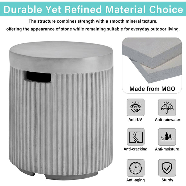 English Elm U_style Outdoor Mgo Propane Tank Cover Round Patio Side Table Fluted Stone Finish Gray N711P410569E