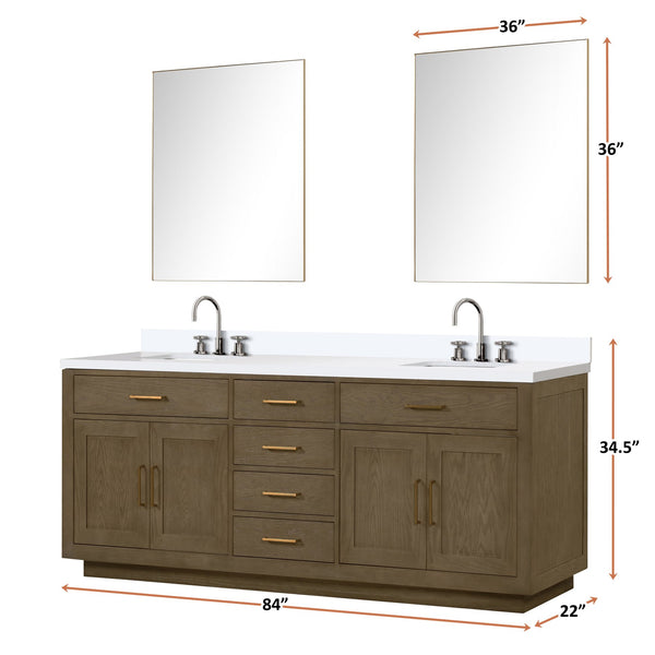 English Elm Grey Oak Double Bath Vanity Set With White Quartz Top, 2 Faucets & 36" Mirrors For Modern Bathrooms B2731S01821