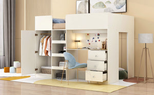 English Elm Wood Full Size Loft Bed with Built-In Wardrobe, Spacious Desk, Shelves and 3 Drawers for Storage Beige GX001819AAA