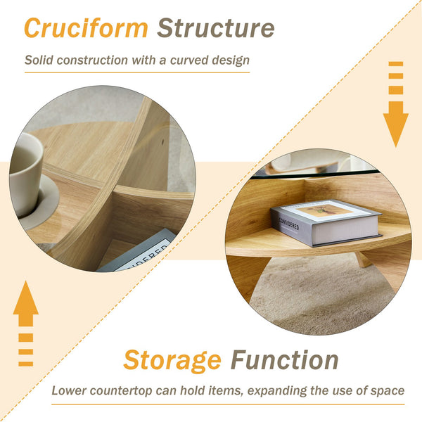 English Elm Round Tempered Glass Coffee Table with Fan Pedestal Base for Modern Living Rooms Natural Wood,Transparent W1151P256001