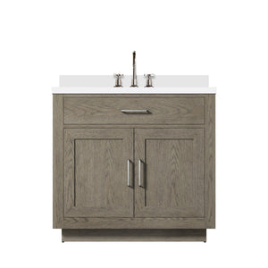 English Elm Grey Grey Oak Single Bath Vanity 36 in W x 22 in D with White Quartz Top, Chrome Gooseneck Faucet, Soft-Close cabinetry enhancements B2731P257689