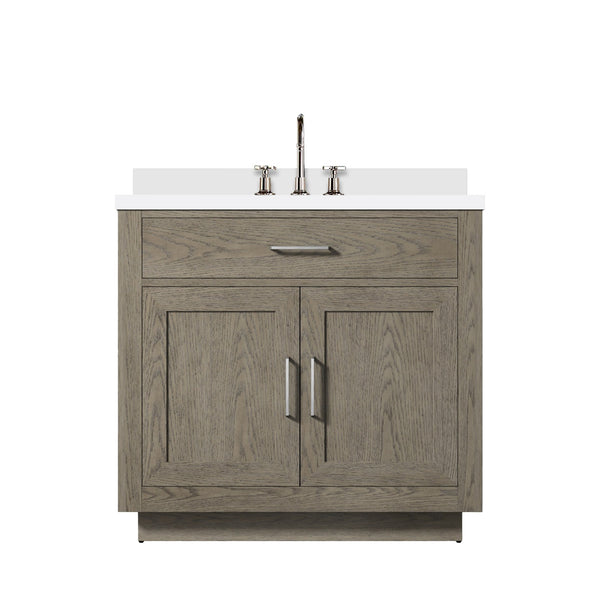 English Elm Grey Grey Oak Single Bath Vanity 36 in W x 22 in D with White Quartz Top, Chrome Gooseneck Faucet, Soft-Close cabinetry enhancements B2731P257689