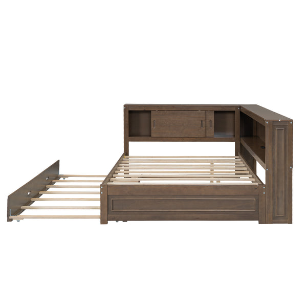 English Elm Full Pine Daybed with Trundle Sliding Storage Shelves Led Lighting and Usb Charging Wood GX004003AAD