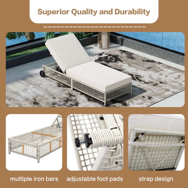 English Elm Trexm Outdoor Pe Rattan Chaise Lounge Iron Frame Poolside Chair with Adjustable Backrest Beige,Creamy White TM000016AAK