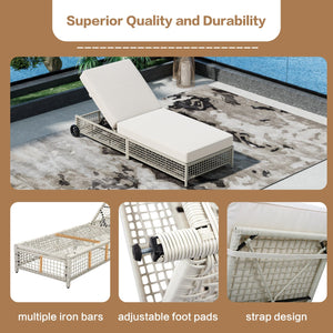 English Elm Trexm Outdoor Pe Rattan Chaise with Adjustable Backrest Cushion and Wheels for Poolside Beige,Creamy White N715P207900K