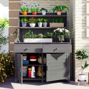 English Elm [Assembly 65inch Garden Potting Bench Table Fir Wood Workstation with 3-Tier Shelves Drawers Cabinet for Organization and Durability Gray N717P220217E