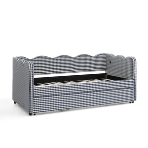 English Elm Cozy Twin Gingham Daybed with Trundle Sofa Bed, Linen Upholstery, USB Port, Wave Frame Design Navy W1413S00101