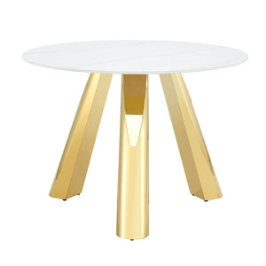 English Elm Table 5-Piece Dining Set With 42-Inch Round Snow Mountain White Top & Elegant Gold Leg Chairs W2920S00045-GIGA