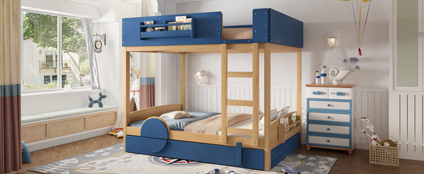 English Elm Full Bunk Bed with Trundle Bookshelf Storage Pine Frame Car Design for Kids Blue,Natural W1580S00445