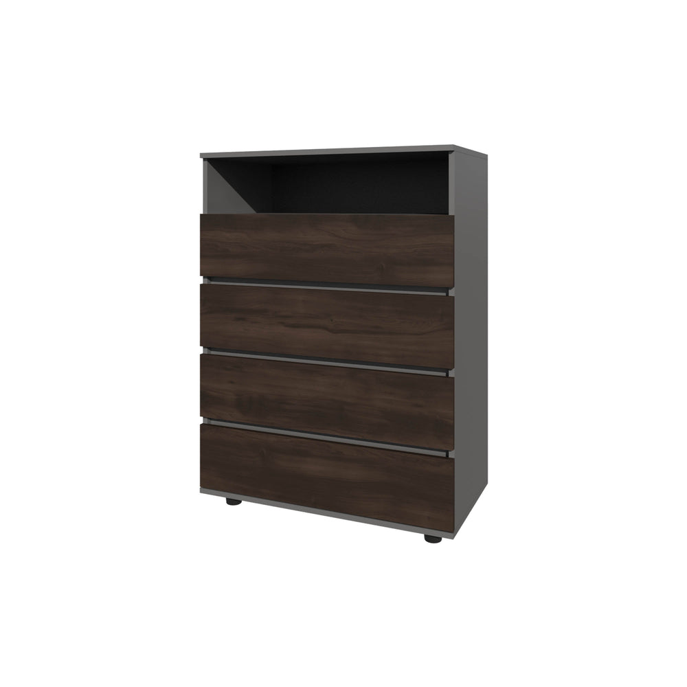 English Elm Stained Walnut Two-Tone 4-Drawer Dresser with Open Shelf — Matte Grey Accent, Modern Storage Appeal B062P357523