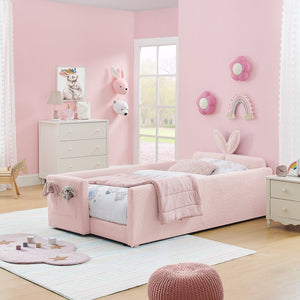 English Elm Twin Boucle Upholstered Kids Bed Whimsical Rabbit Ear Headboard with Safety Rail Pink W1413P407486