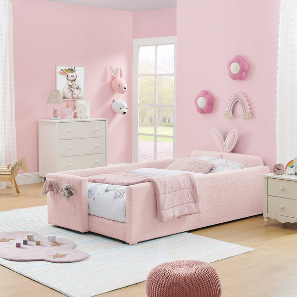 English Elm Twin Boucle Upholstered Kids Bed Whimsical Rabbit Ear Headboard with Safety Rail Pink W1413P407486