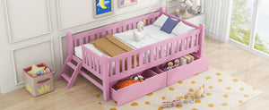 English Elm Wood Twin Platform Bed with Guardrail, Solid Pine Construction, 2 Underbed Drawers for Storage and Playroom Space Pink N709P242145H