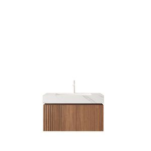 English Elm Muri Floating Bathroom Vanity Plywood Cabinet Sintered Stone Top Oak Woodgrain W2615S00619