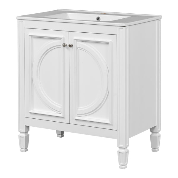 English Elm Christopher Knight Home® - 30" Bathroom Vanity with Sink Vintage Freestanding Ceramic Top Soft-Close Doors Gold Knobs, Storage White N759P226000K