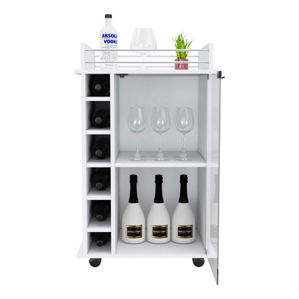 English Elm Bar Bar Cart Glass Door Cabinet with Two Shelves, Six Bottle Cubbies, Locking Casters, Rail Top White 31.49 L x 20.86 W x 6.69 H B097133032