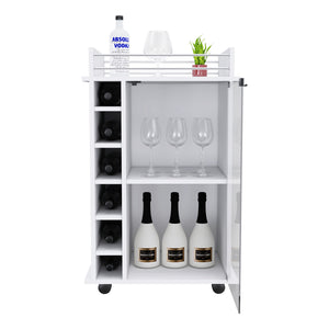 English Elm Bar Bar Cart Glass Door Cabinet with Two Shelves, Six Bottle Cubbies, Locking Casters, Rail Top White 31.49 L x 20.86 W x 6.69 H B097133032
