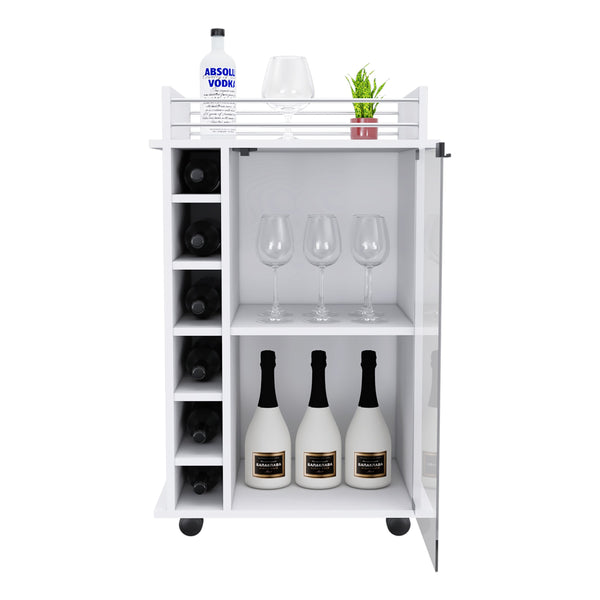 English Elm Bar Bar Cart Glass Door Cabinet with Two Shelves, Six Bottle Cubbies, Locking Casters, Rail Top White 31.49 L x 20.86 W x 6.69 H B097133032