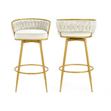 Christopher Knight Home® - Noble House - Swivel Counter Height Bar Stools Set Of 2,31.5"Bar Height Stools With Hand-Woven Backrest & Gold Metal Legs,Modern Low Back Upholstered Kitchen Chairs With Footrest For Island,Dining Room,Beige