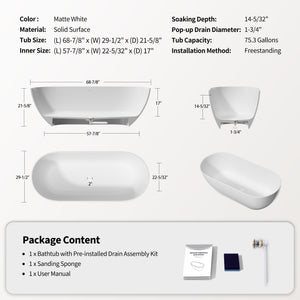English Elm 69" Stone Resin Freestanding Soaking Tub Matte Finish Spa Grade Ergonomic Bath W1920P410086