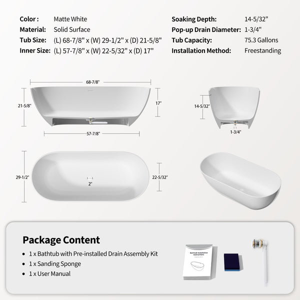 English Elm 69" Stone Resin Freestanding Soaking Tub Matte Finish Spa Grade Ergonomic Bath W1920P410086