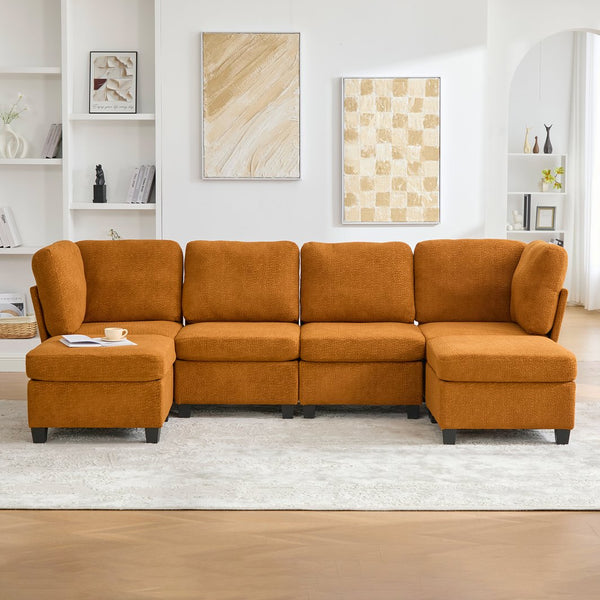 English Elm UNITED Modular 6-Seat Sectional Sofa with Removable Ottoman, Storage Compartments, Convertible Comfort Orange W1568S00246