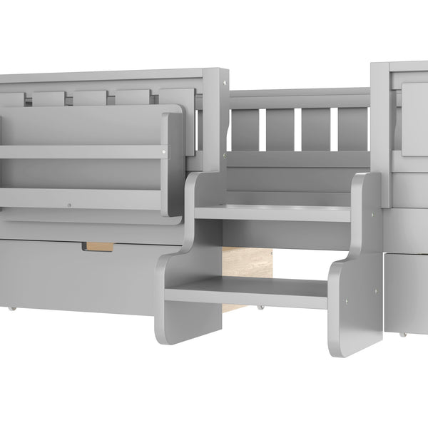 English Elm Twin Kids Storage Bed with Bookshelf Headboard Safety Staircase and Under Drawers Gray W1580P379185
