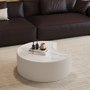 English Elm Light Sintered Stone Organic Sculptural Coffee Table with Leather Base for Living Room Cream White W3081P411152