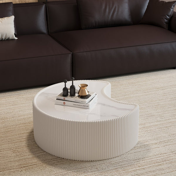 English Elm Light Sintered Stone Organic Sculptural Coffee Table with Leather Base for Living Room Cream White W3081P411152