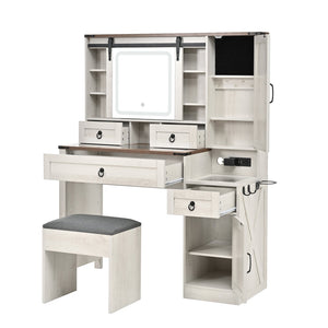 English Elm Farmhouse LED Vanity Desk with Sliding Mirror, Glass Top Storage, Built-In Charging Station & Stool White 37 L x 18.5 W x 13 H N733P340562K