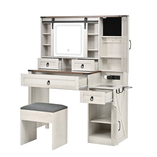 English Elm Farmhouse LED Vanity Desk with Sliding Mirror, Glass Top Storage, Built-In Charging Station & Stool White 37 L x 18.5 W x 13 H N733P340562K