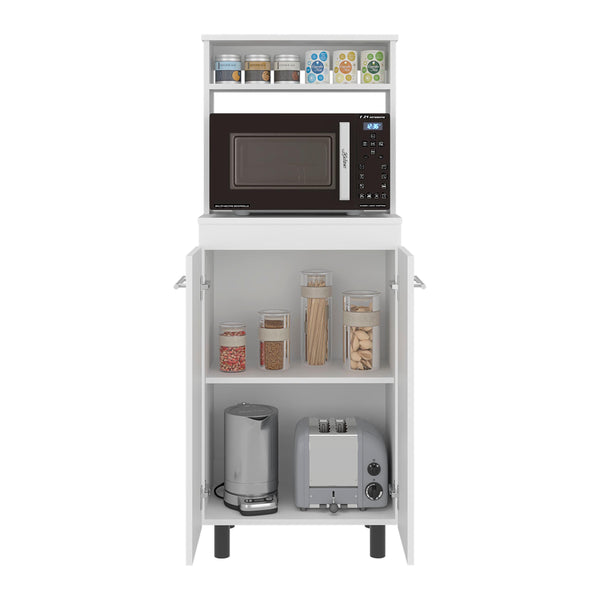 English Elm White Tall Narrow Kitchen Pantry Cabinet with Open Shelves and Concealed Storage Door B062P483751