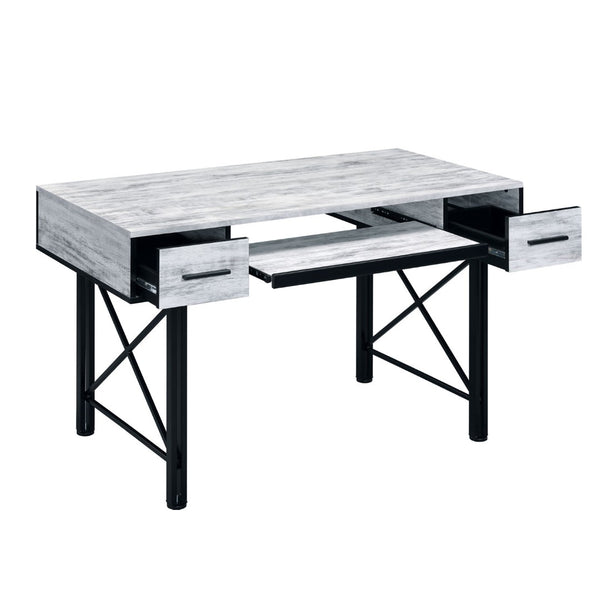 English Elm Rectangular Computer Desk - Antique White & Black Metal, 2 Drawers, Ergonomic Keyboard Tray Design B016P311793-GIGA