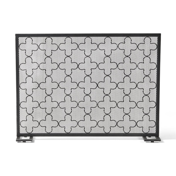 English Elm Christopher Knight Home® - FIRE Modern Single Panel Iron Fireplace Screen Black Brushed Silver – Clover Trellis Mesh Guard, 43x32 65180.00BBSILV