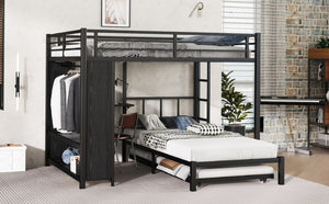 English Elm Queen Over Twin Bunk Bed With Wardrobe, Trundle, Foldable Desk & Noise-Reducing Design In Black W1580S00137-GIGA