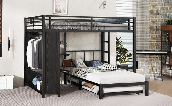 English Elm Queen Over Twin Bunk Bed With Wardrobe, Trundle, Foldable Desk & Noise-Reducing Design In Black W1580S00137-GIGA