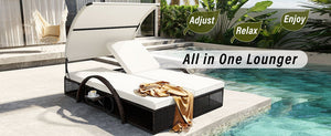English Elm U_style Outdoor Double Sun Lounger Hdpe Wicker Steel Frame with Canopy Pop up Tables Beige WY000485AAA