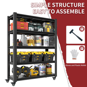 English Elm 78"H Heavy Duty 5-Tier Metal Shelving 400lb/shelf, Pegboard Panels & Locking Wheels, Adjustable Storage Organizer for Garage Warehouse Pantry Workshop (47.2"W) T2398P313255