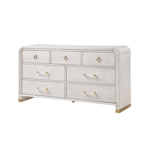English Elm Malco Solid Wood Chest with Acrylic Bar Handles, Gold Detailing, Rounded Edges and Spacious Drawers Oak 71.25 L x 20.5 W x 40.25 H B201P391805
