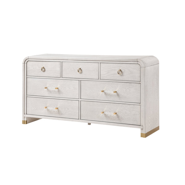 English Elm Malco Solid Wood Chest with Acrylic Bar Handles, Gold Detailing, Rounded Edges and Spacious Drawers Oak 71.25 L x 20.5 W x 40.25 H B201P391805